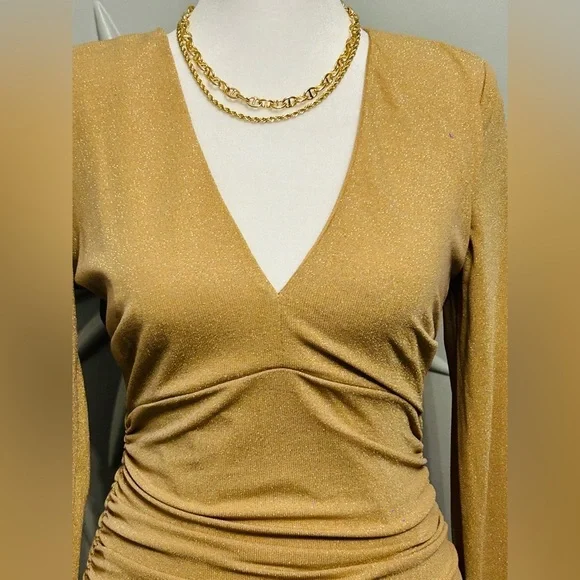 Bardot (NWT) SZ S gold dress w/ruching, bust 34”-36”, waist 26”-32” - Picture 3 of 7